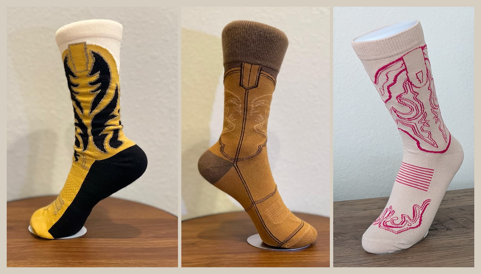 Three cowboy boot socks on mannequin feet — mustard and black, camel and brown, and pink and cream — side by side.