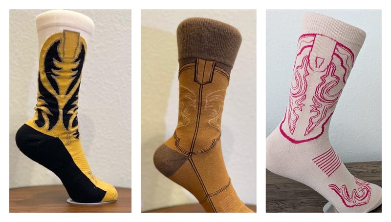 All three cowboy boot sock colorways side by side.