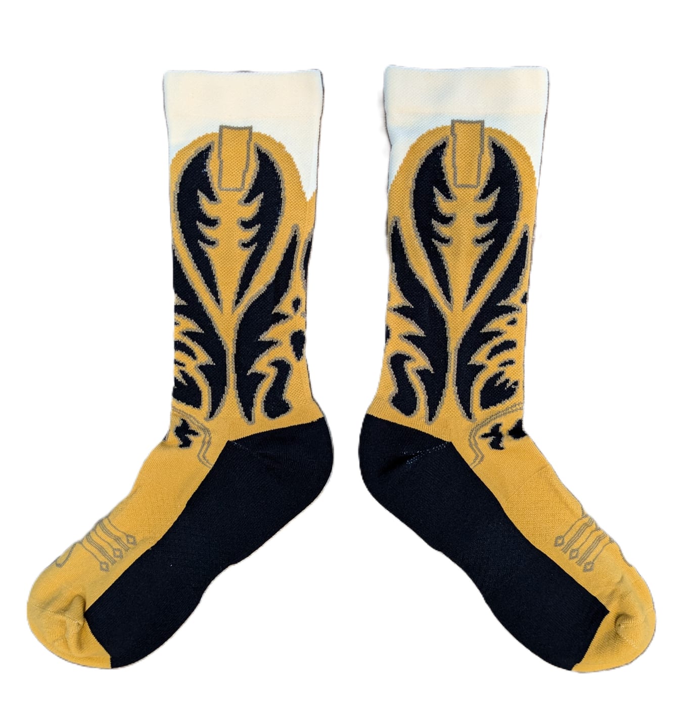 A mustard and black cowboy boot sock in profile against a white background, showing the boot shaft, pull tab and black foot.